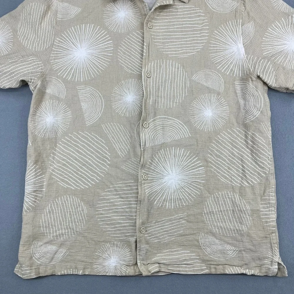 Folk Mens XL Tan Geometric Sunburst Print Textured Cotton Short Sleeve Shirt - Picture 3 of 13